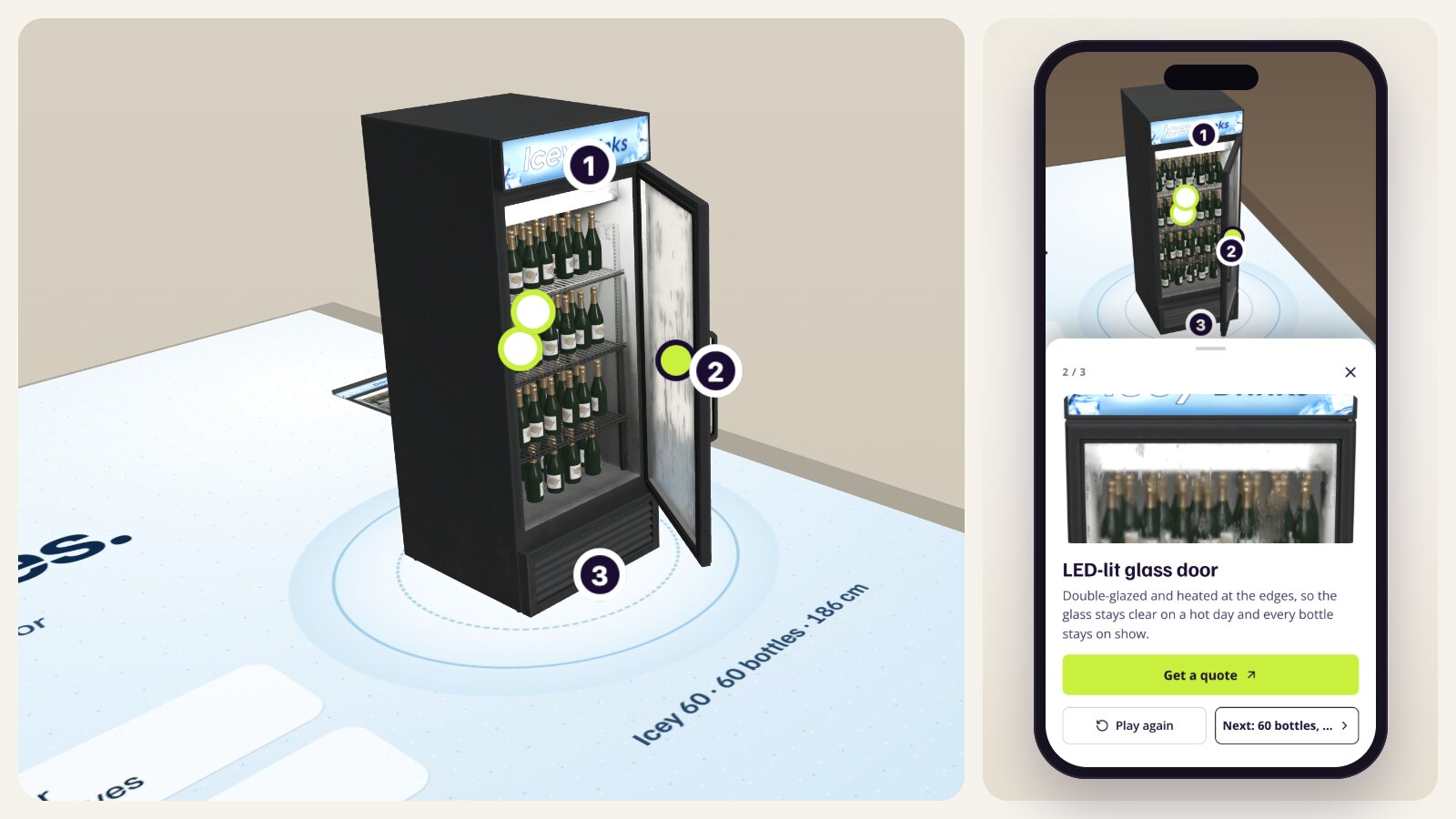 A printed sell sheet for a drinks cooler with an animated 3D cooler standing on it, its door open, next to a phone showing an info card about the glass door