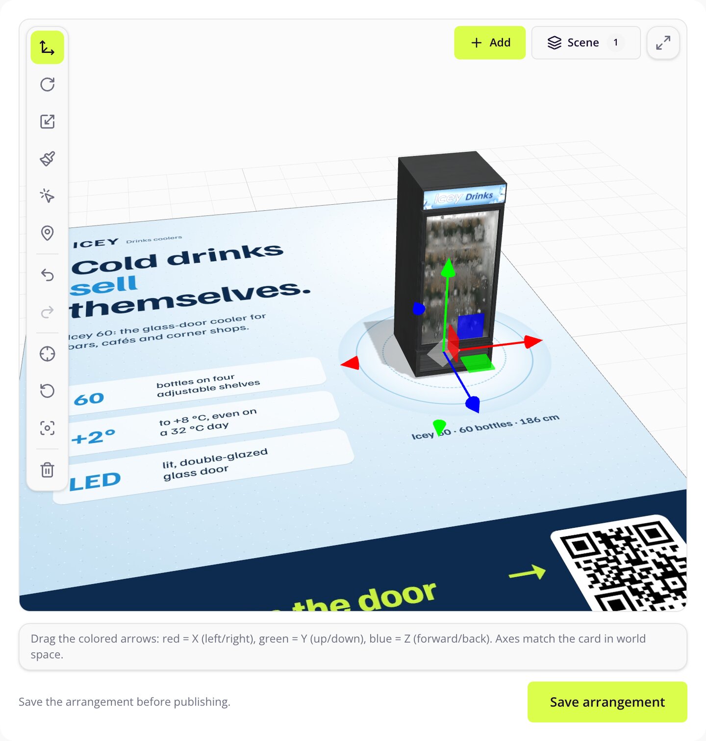 The Meishi 3D editor with the sell sheet as the floor and the 3D cooler standing on a circle printed on the sheet