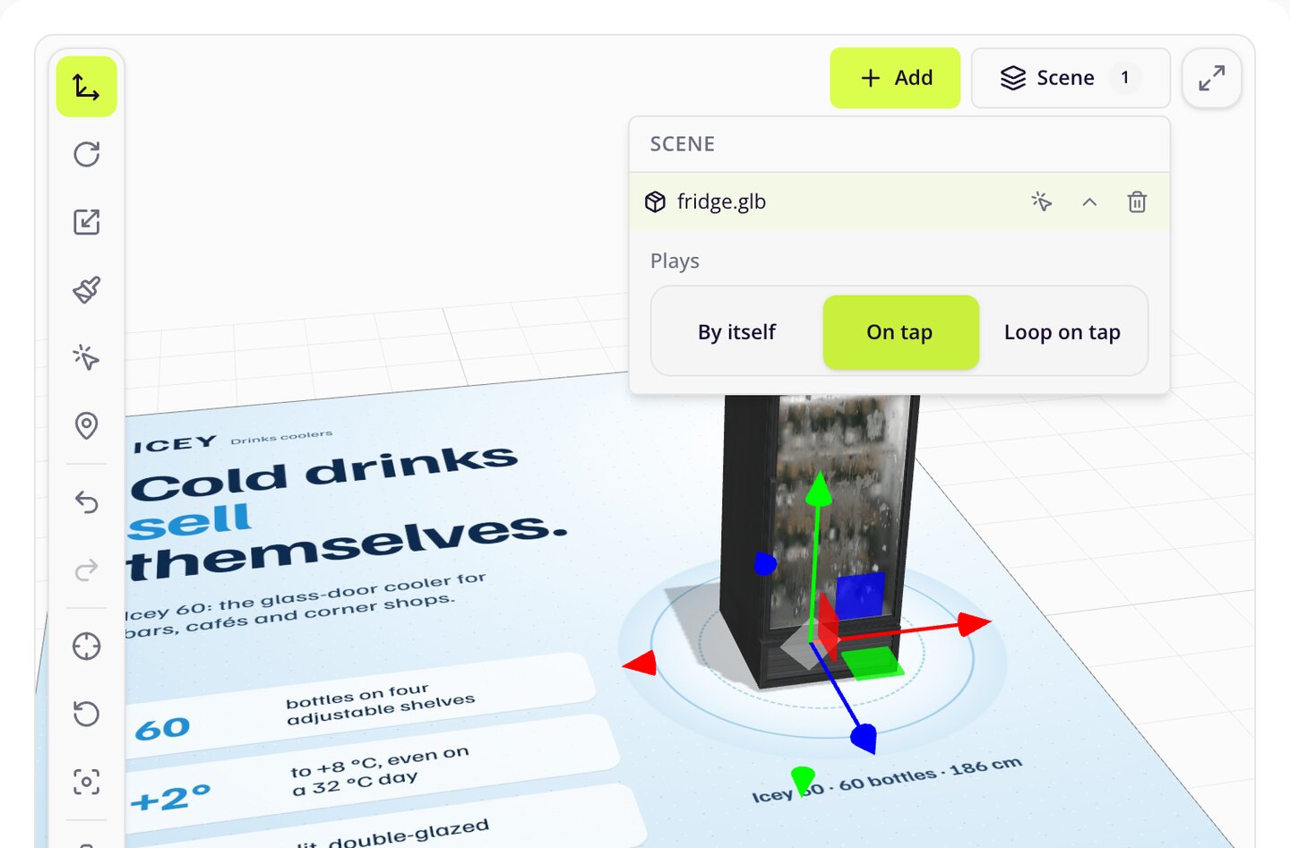 The Scene list in the Meishi editor, open on the cooler, with the play choices By itself, On tap and Loop on tap