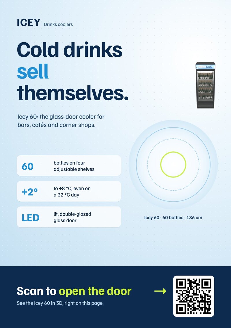 The printed Icey 60 sell sheet: a headline, three facts, a circle where the 3D cooler appears and a QR code with the line Scan to open the door
