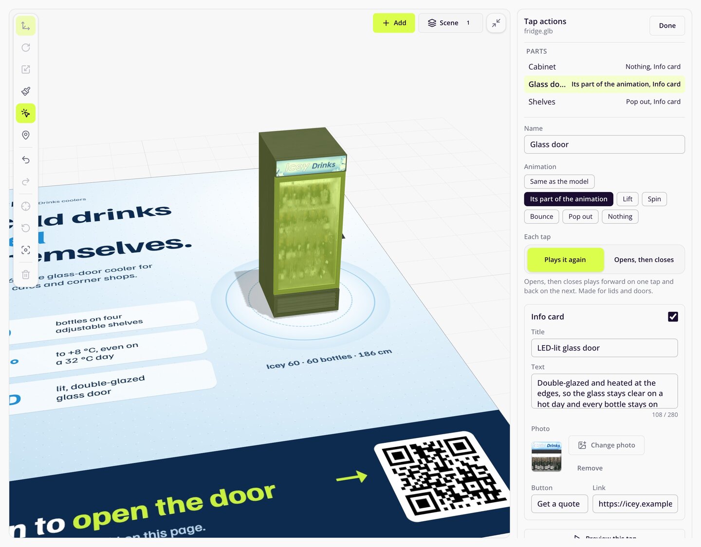 The Tap actions panel in Meishi next to the 3D cooler: the parts Cabinet, Glass door and Shelves, the door set to play its part of the animation, and an info card with a title, text, photo and a Get a quote button