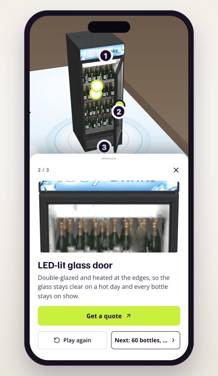 A phone showing the sell sheet through the camera: a 3D drinks cooler stands on the page with its door open, numbered hotspots on it, and an info card about the LED-lit glass door at the bottom of the screen