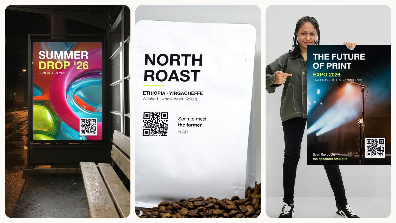 A poster at a bus stop, a coffee bag and an event badge, each with a QR code that opens an AR experience