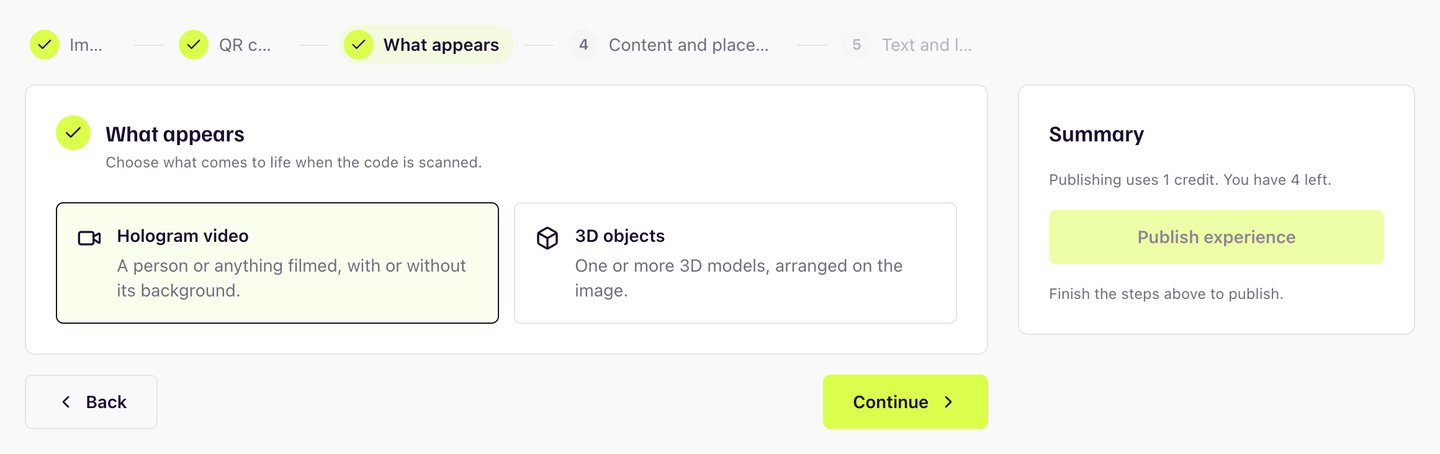 Choosing between a hologram video and 3D objects in Meishi