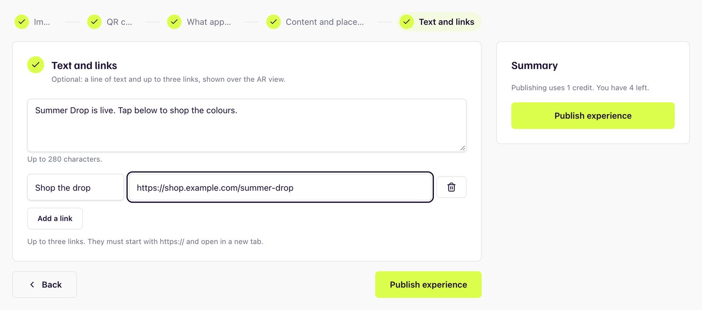 Adding a line of text and a "Shop the drop" link to an AR experience