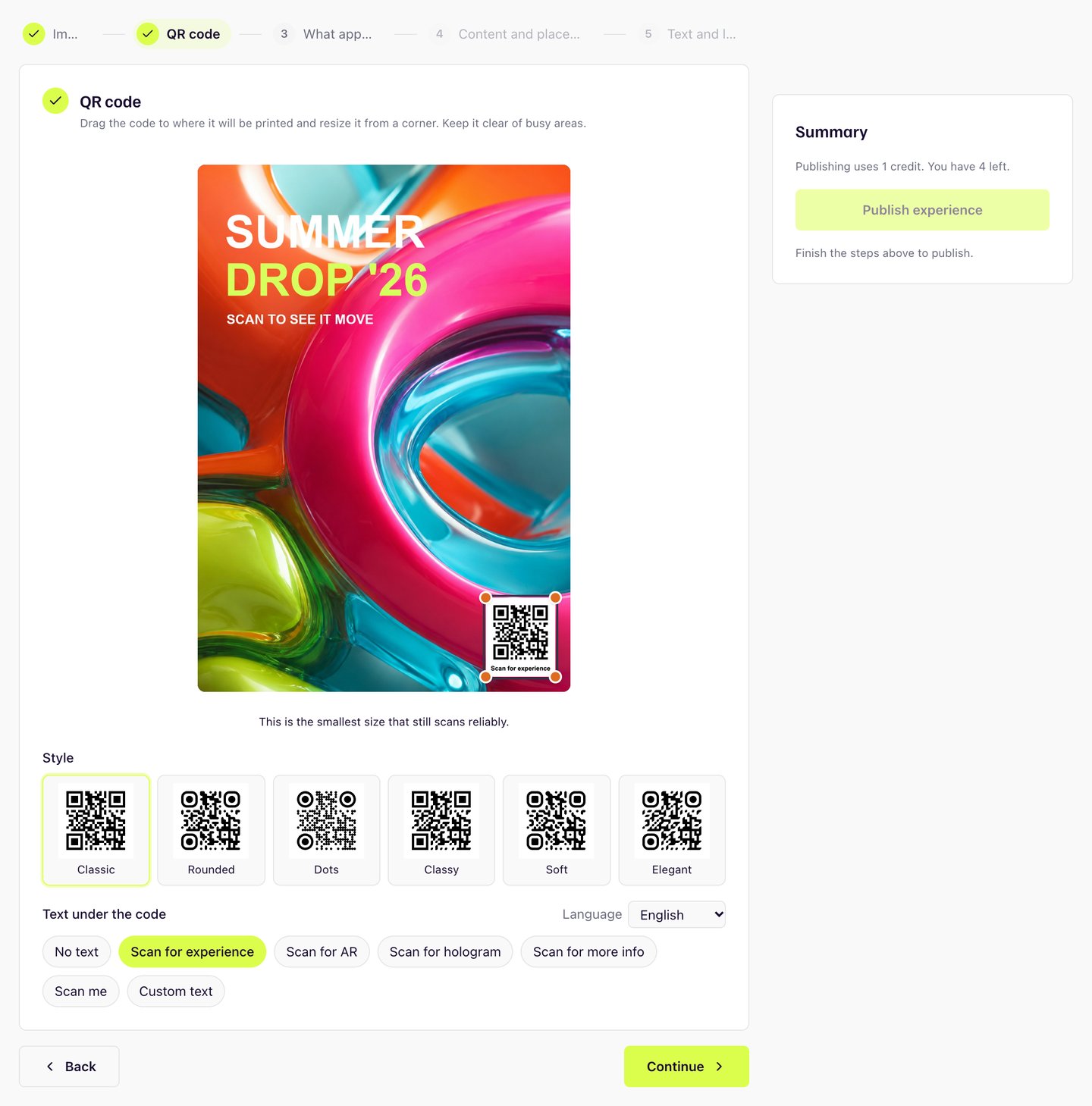 The QR code step in Meishi: a poster with a QR code in the corner, a choice of code styles and captions