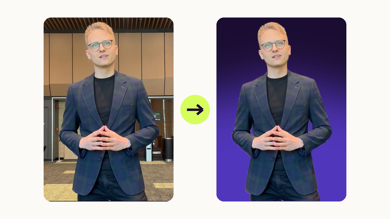 The same video twice: as filmed in an office hallway, and as a hologram with the background removed