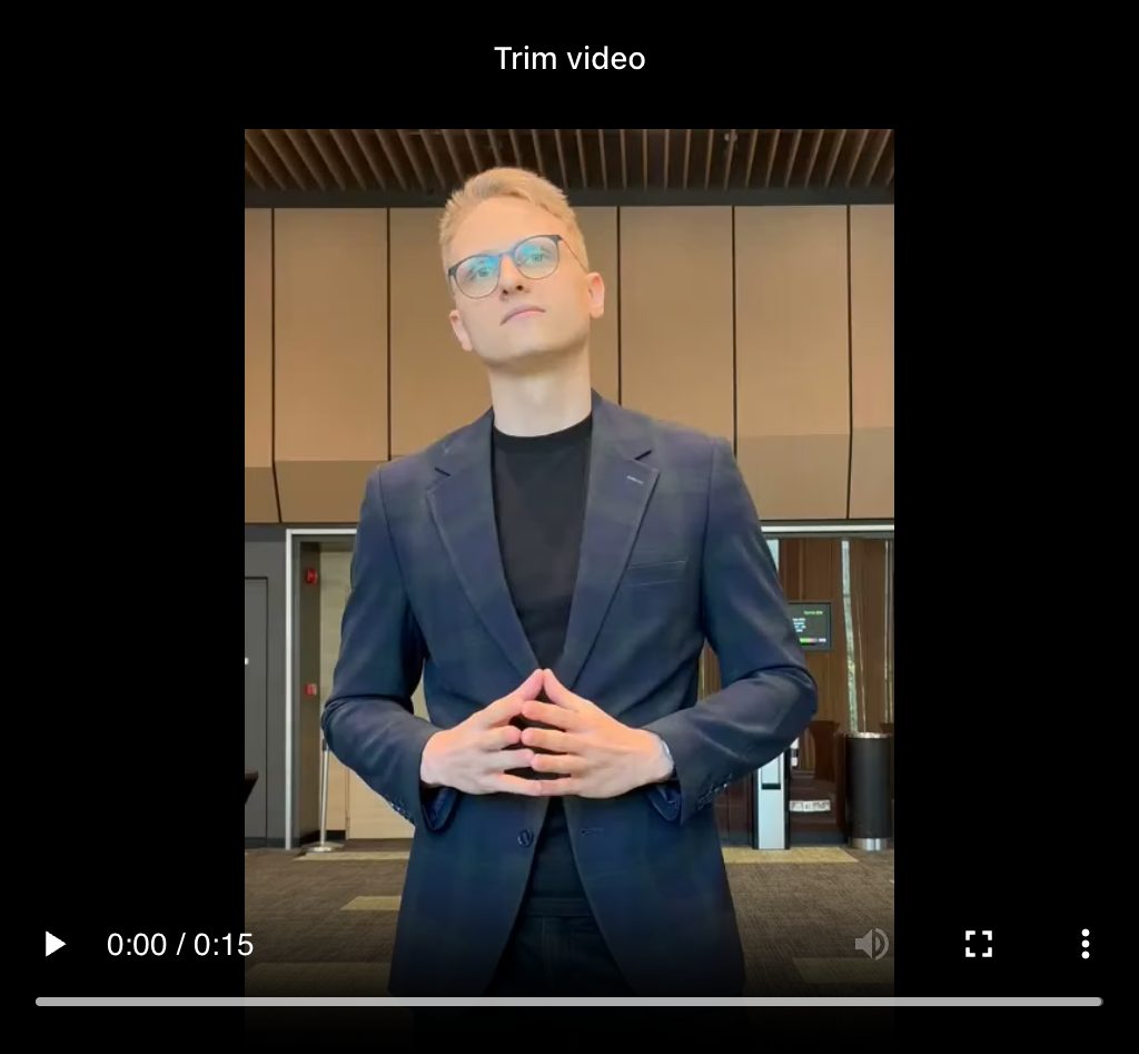 The Trim video step in Meishi with a raw clip of a man in a blazer standing in an office hallway