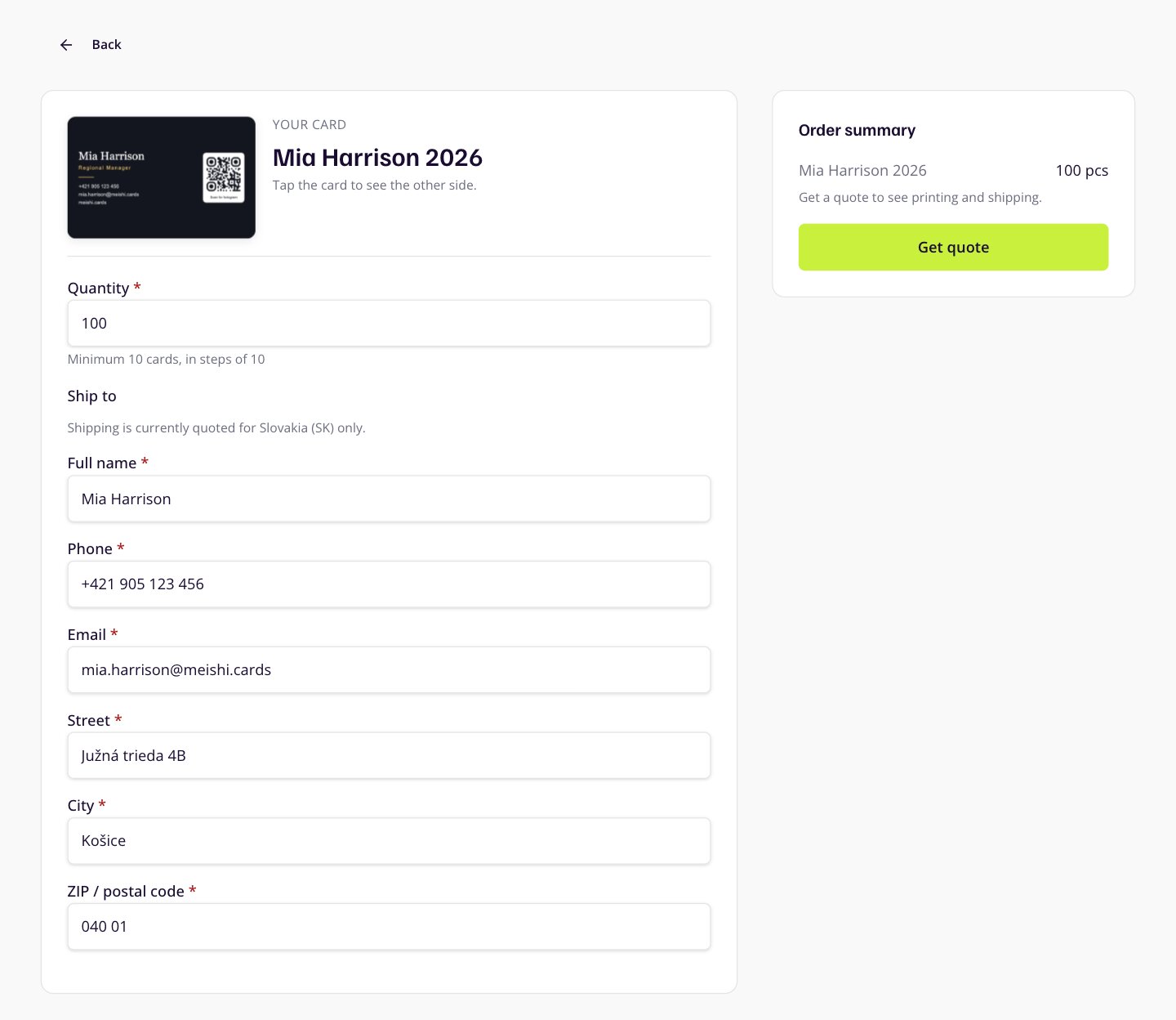The Meishi order page: the card, a quantity of 100, the delivery address filled in, and an order summary with a Get quote button