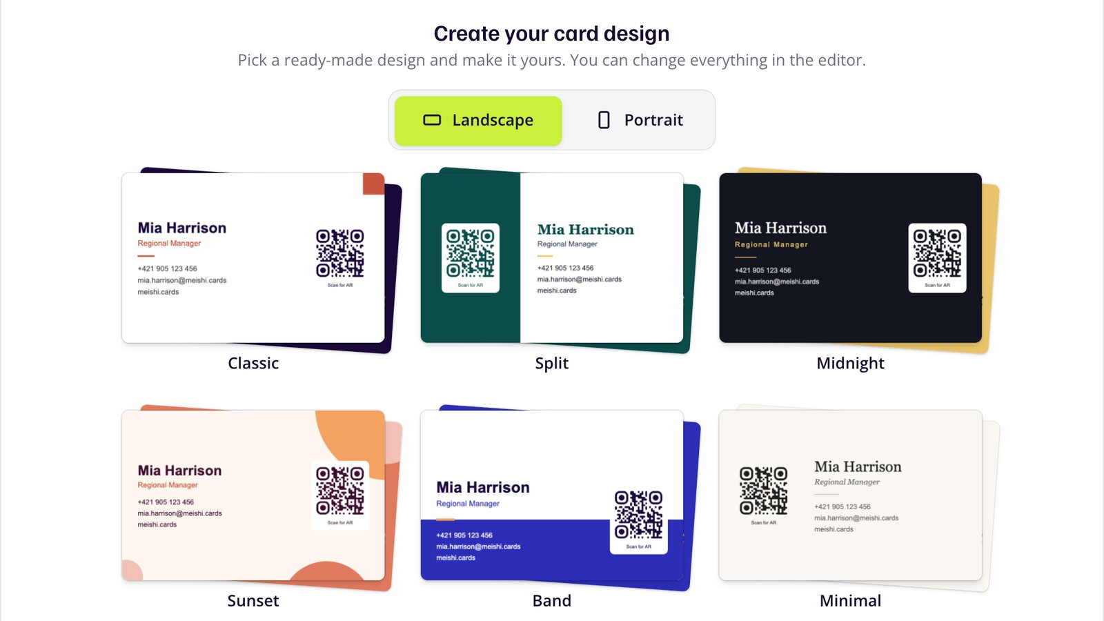 Six ready-made business card designs in Meishi, each already filled in with the same name and contact details