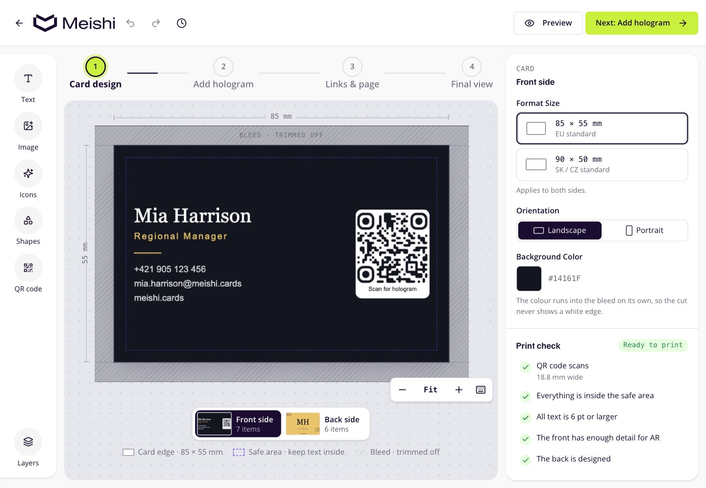 The Meishi card editor: a dark business card with print guides around it, the size and colour settings, and a Print check that says Ready to print