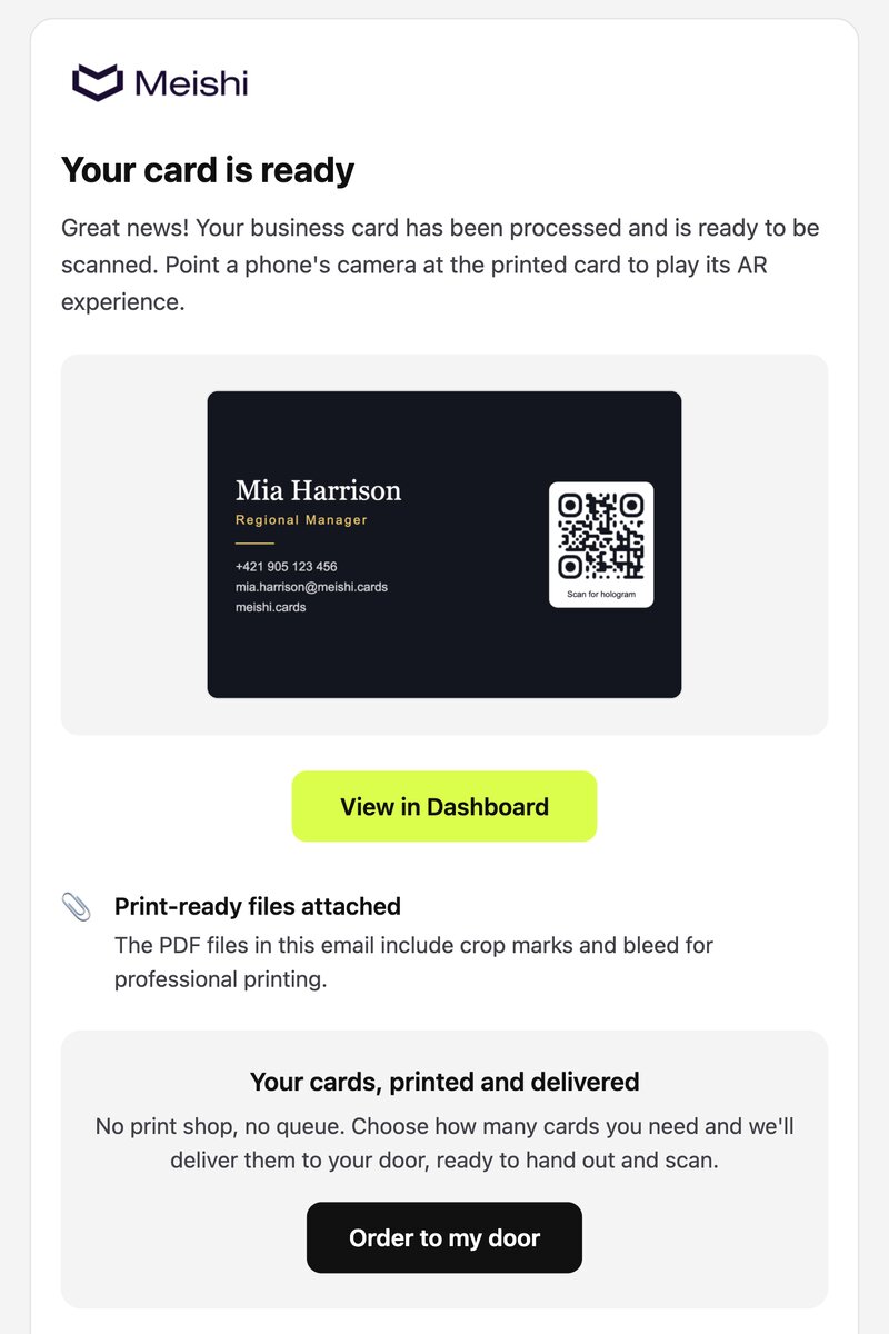 The Your card is ready email: the card, the print-ready files, and a block with an Order to my door button