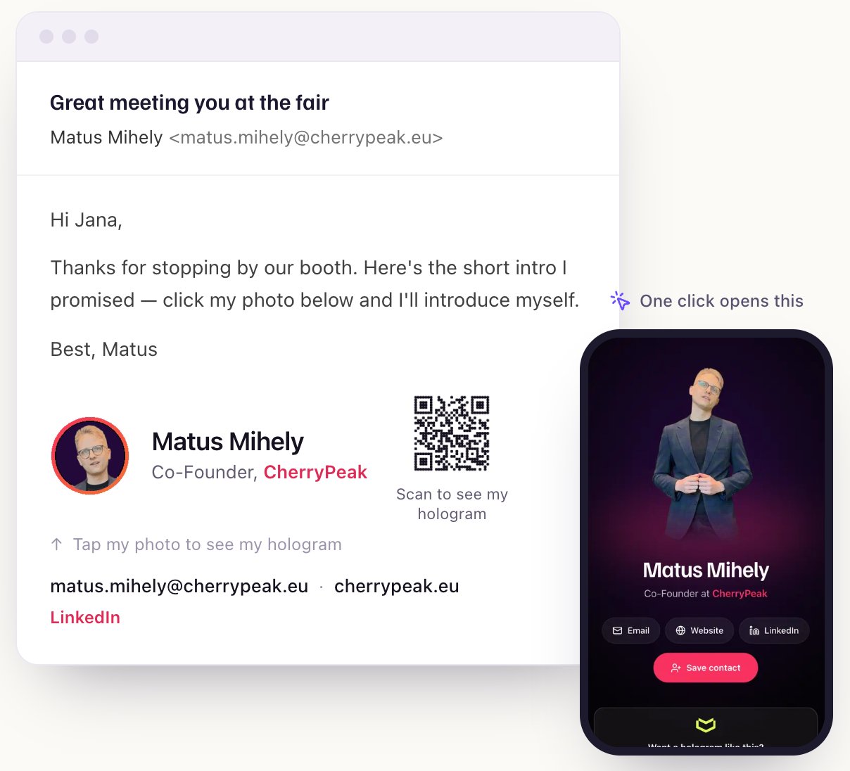 An email in a mail app with a signature showing an animated hologram of the sender next to his name and contact details