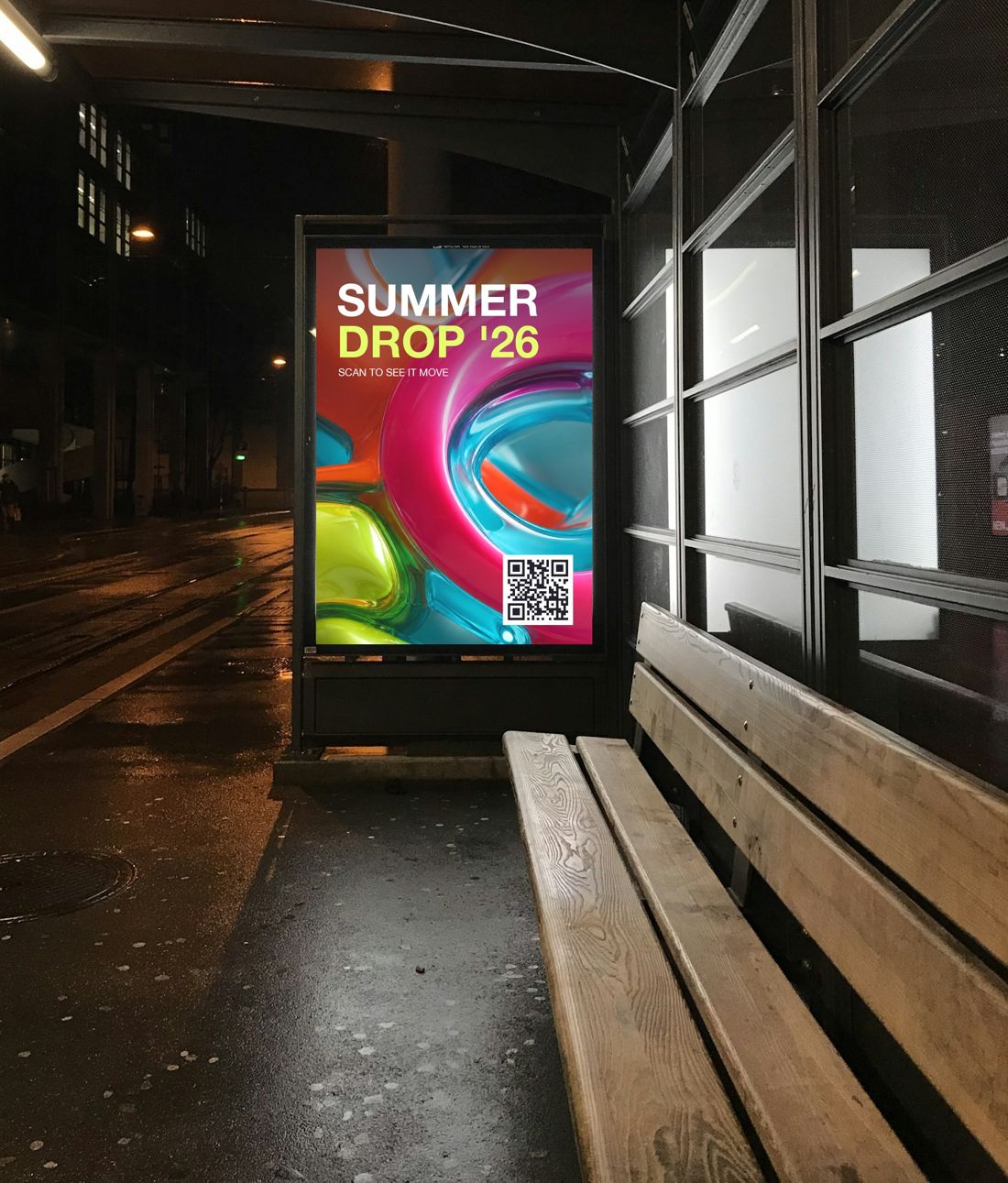 A poster at a night-time bus stop