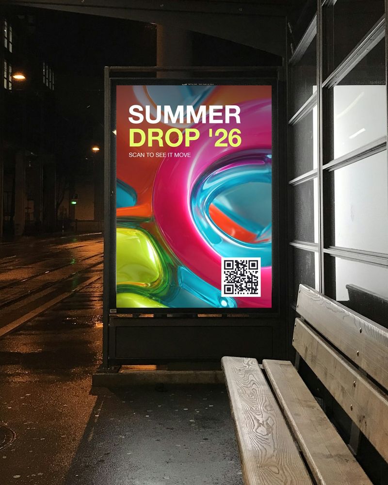 A poster at a night-time bus stop with a QR code